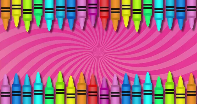 Colorful crayons spinning over pink spiral background