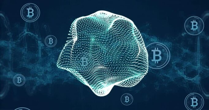 Bitcoin symbols and digital mesh structure, showing cryptocurrency animation