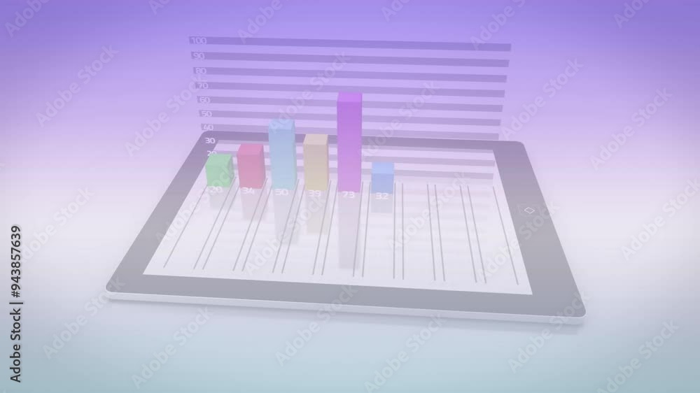Poster animating bar chart on tablet displaying colorful data visualization