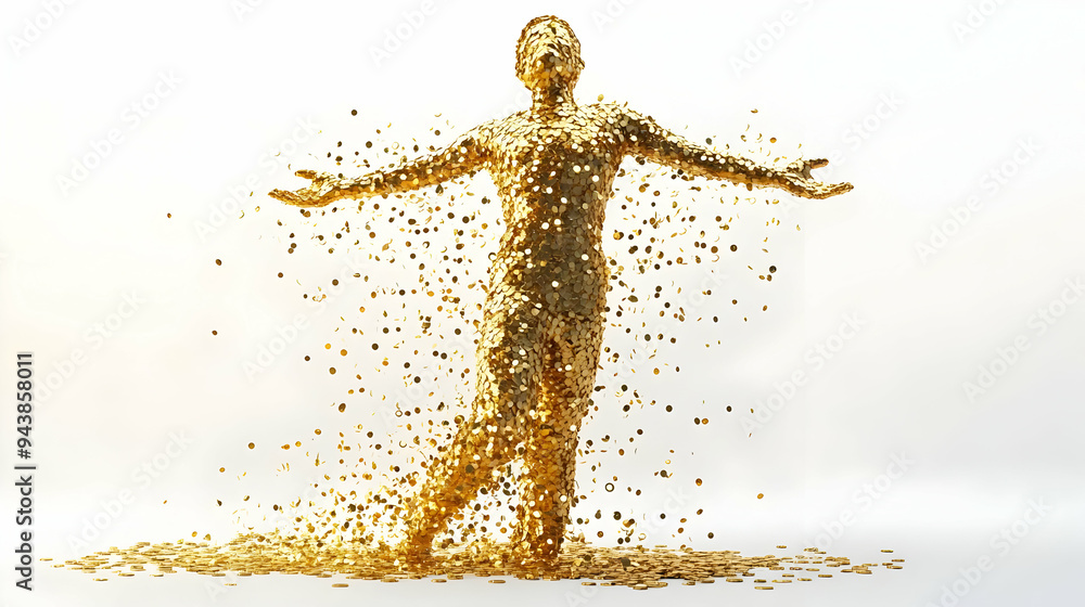 Poster 3d icon person showered in coins concept as a person being showered in gold coins with a clean backg