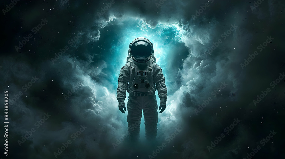 Poster astronaut standing in a glowing nebula in space.