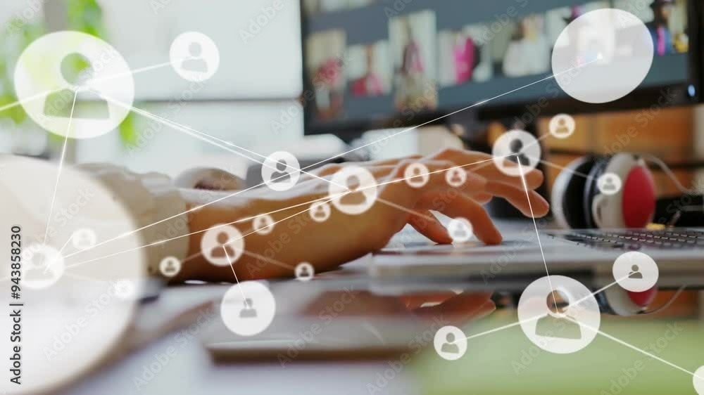 Poster typing on keyboard, person with network connections animation over screen