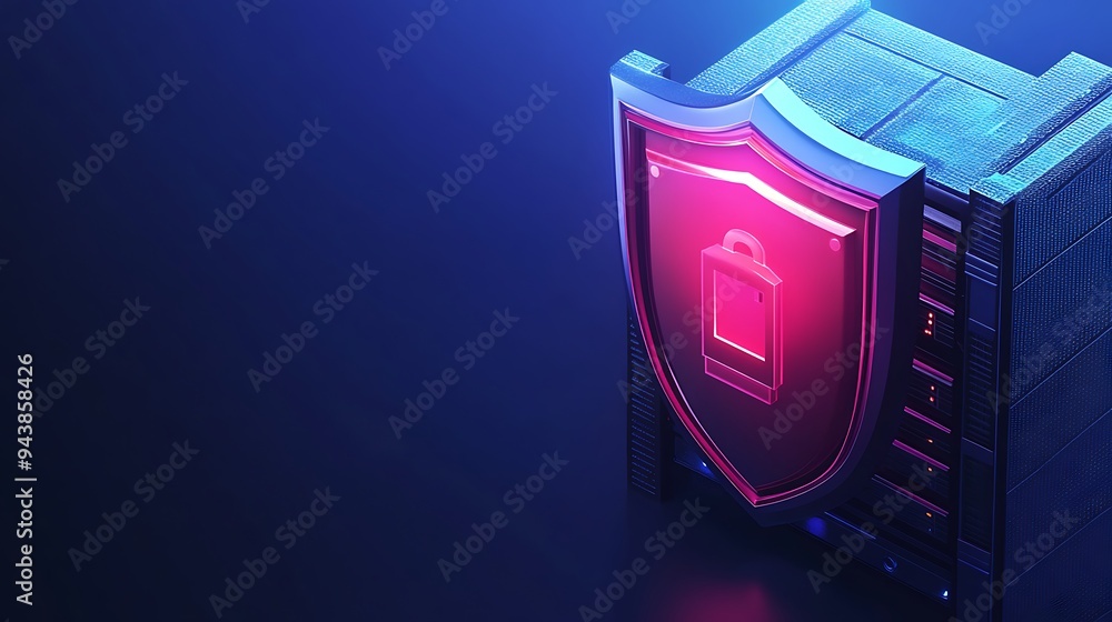 Poster futuristic security shield with digital lock, representing cybersecurity and data protection in a hi