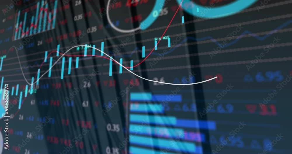 Poster Financial data and stock market analysis animation over graph with fluctuating lines
