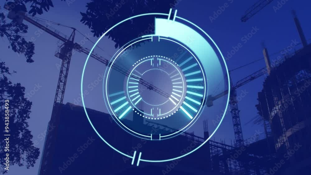 Poster futuristic data processing animation over construction cranes and building site