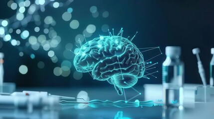 Brain connected to a network of sensors, sterile lab, real-time brain activity monitoring