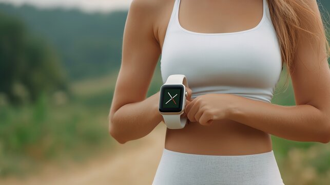 Woman tracking her run on a smartwatch, focus on tech-driven fitness goals, outdoor trail