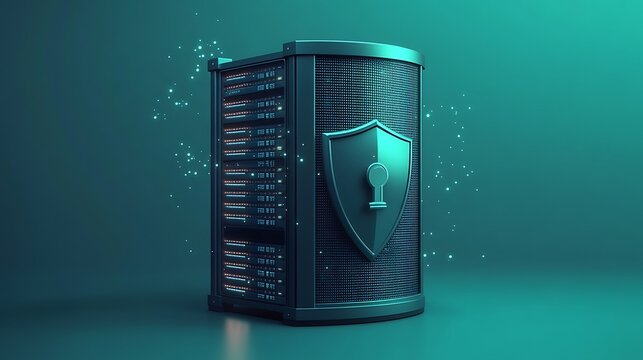 Futuristic secure server with data protection shield, glowing effect in a teal background representing cybersecurity and data privacy.