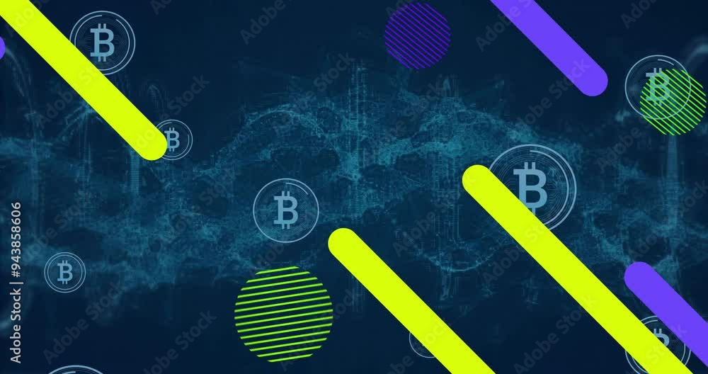 Poster bitcoin symbols and colorful shapes animation over digital network background