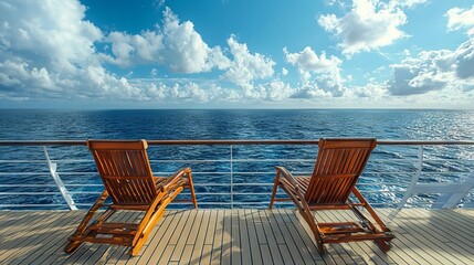 Fototapeta premium Deck Chairs On Cruise Ship With Ocean View