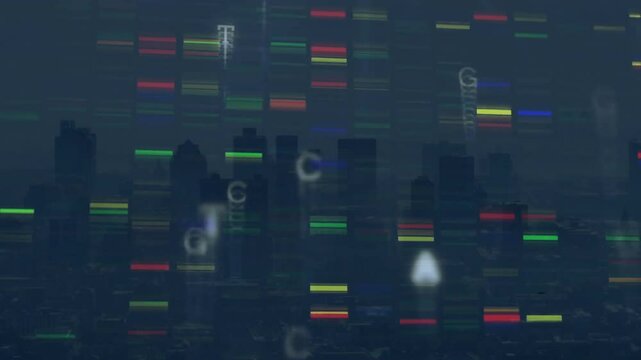 Animating DNA sequencing over city skyline at night