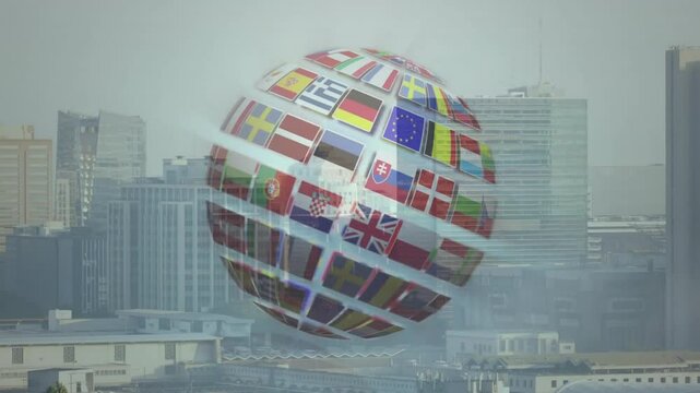 Rotating globe with international flags over cityscape background