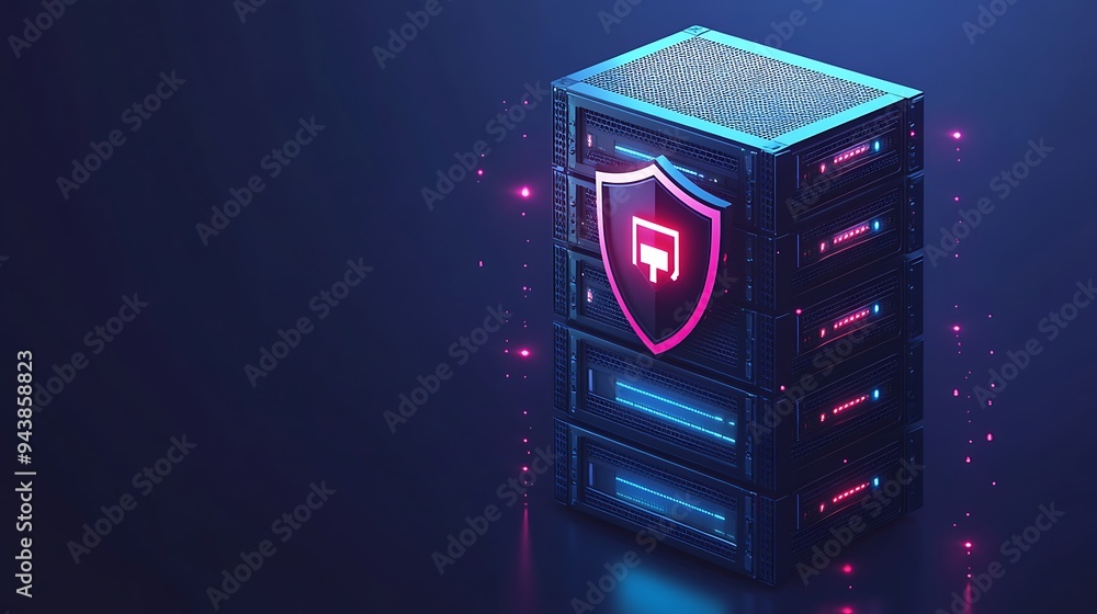 Aufkleber futuristic server rack with digital security shield icon, representing cybersecurity and data protec