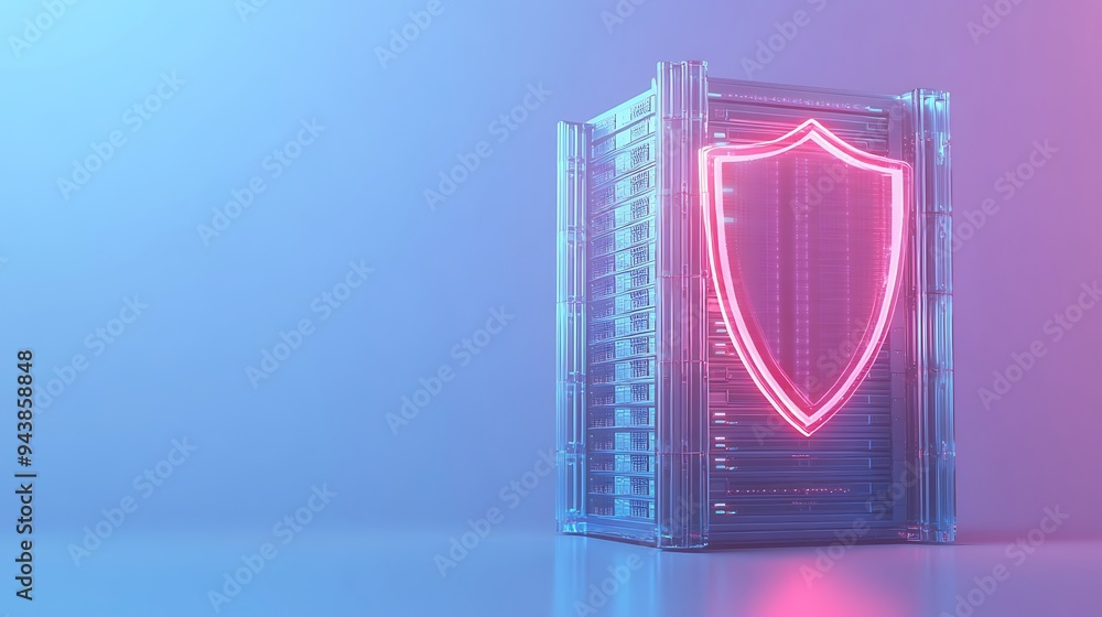 Poster futuristic server rack with neon shield symbolizing cybersecurity and data protection. abstract tech