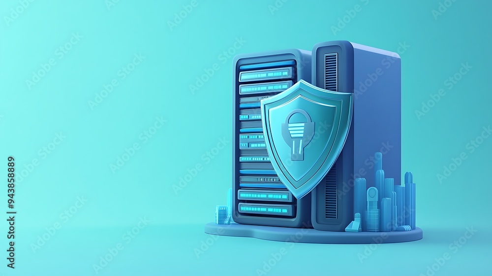 Poster futuristic server rack with shield icon, representing data security and protection. ideal for tech a