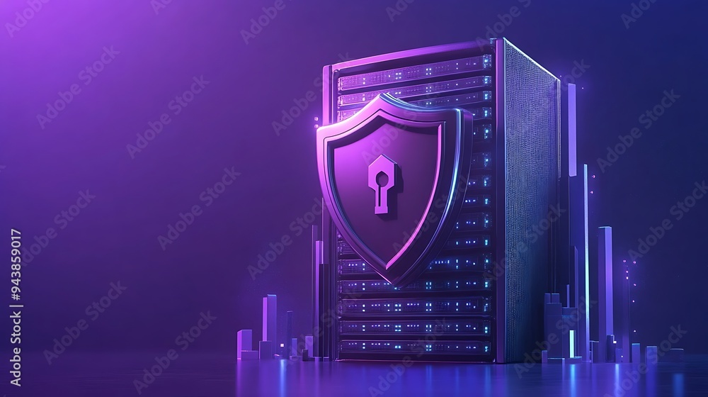 Poster futuristic server room with a floating shield symbol, representing cybersecurity, data protection, a