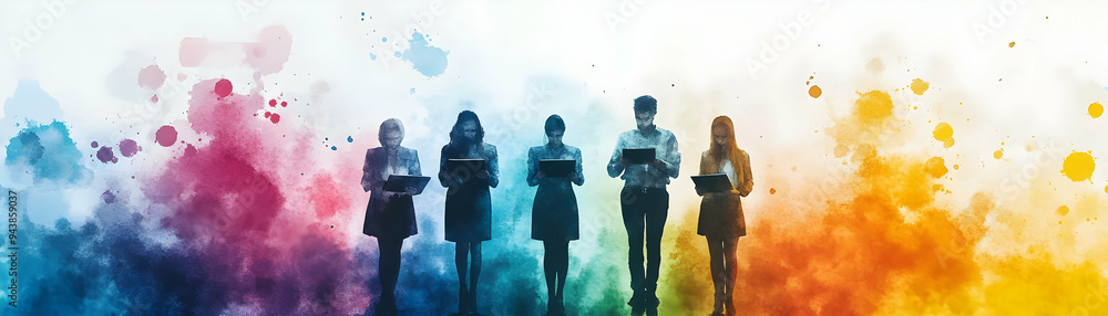 Aufkleber people with watercolor strategy maps and tablets concept as a group of people creating watercolor st
