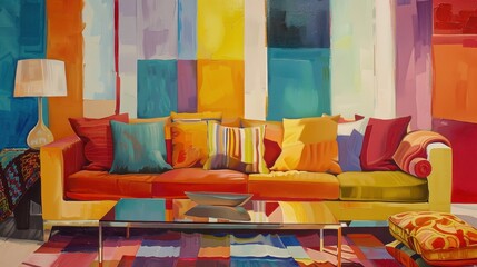 Colorful and vibrant living room with a multi-colored sofa, decorative pillows, and abstract background, creating a playful and cozy atmosphere.