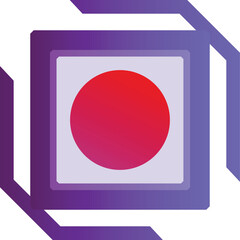 Minimalist graphic design featuring a red circle inside multiple purple squares, creating a sense of depth and dimension