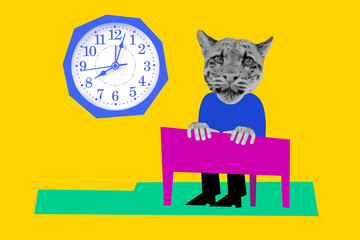 Composite photo collage of human instead head leopard mask wait alarm clock dial interval time management isolated on painted background