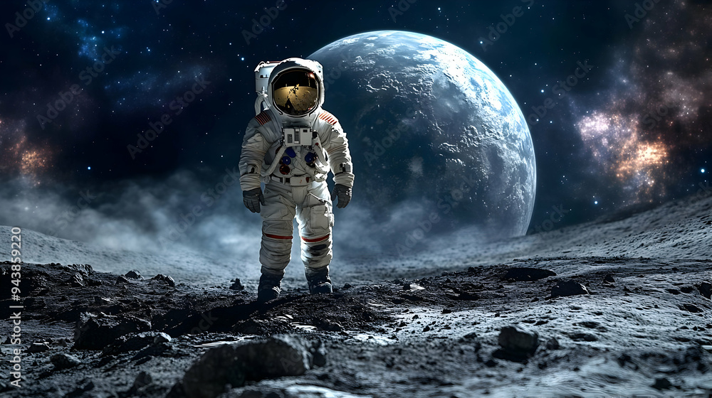 Poster astronaut standing on a lunar surface with a planet in the background.