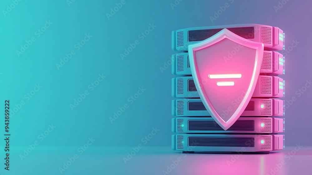 Poster futuristic server security concept. a neon shield symbol on a server stack represents data protectio