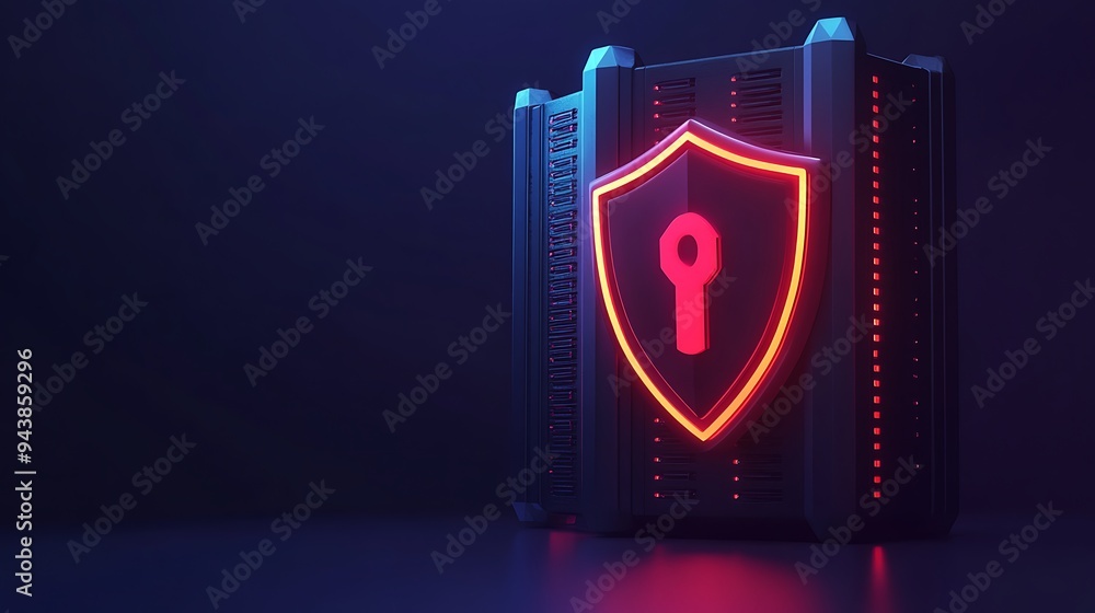 Poster futuristic server with a glowing red shield and key symbol, representing cyber security and data pro