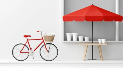 A serene morning scene a bicycle leans against a cozy coffee shop