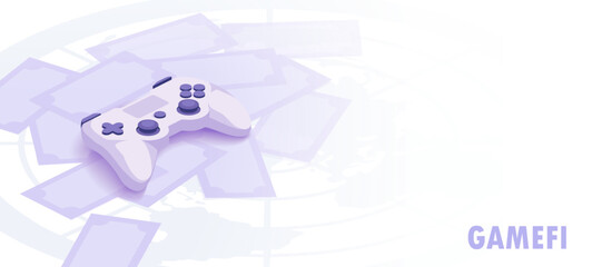 Cryptocurrency in Game Industry isometric concept. White Game controller on light background. GameFi.