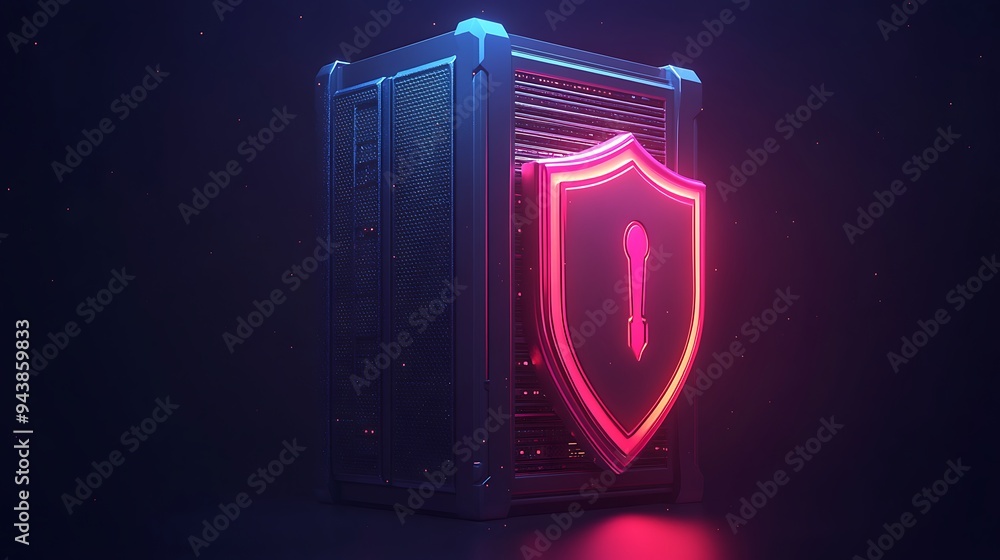 Poster futuristic server with glowing shield emblem symbolizing advanced cybersecurity and data protection 