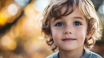Fototapeta premium A close-up portrait of a young boy with curly hair and bright blue eyes, set against a blurred background.