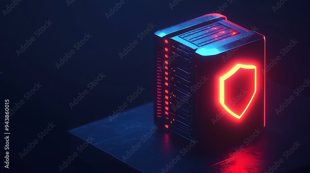 Poster futuristic server with red shield light, representing data security and cybersecurity, glowing in a 