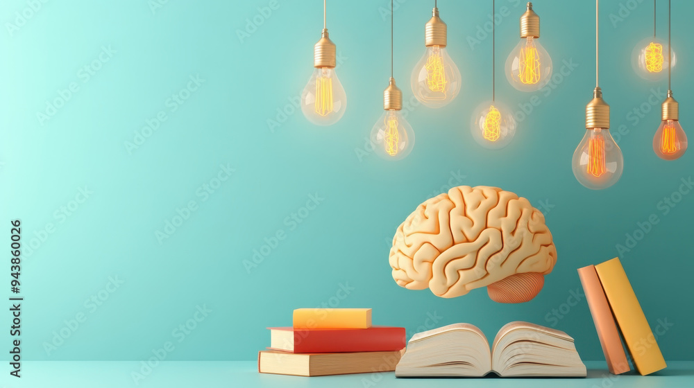 Poster conceptual illustration of a floating brain above open books surrounded by glowing light bulbs on a 