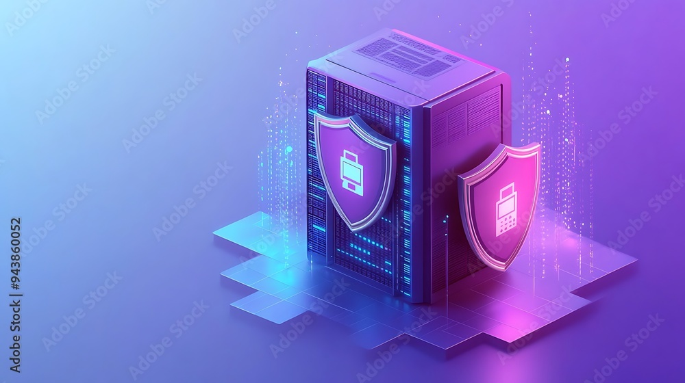 Poster futuristic server with shield icons representing data protection and cybersecurity, displaying a sec