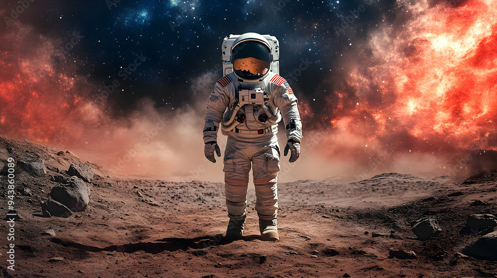 Poster astronaut standing on a red planet surface with a starry sky and red nebula.