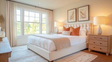Spacious bedroom with king-size bed, nightstands, and large windows, bright and airy, soft colors