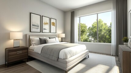 Spacious bedroom with king-size bed, nightstands, and large windows, bright and airy, soft colors