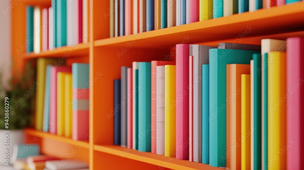 Poster vibrant bookshelf filled with colorful books against an orange background, creating a modern and inv