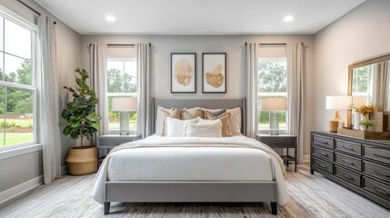 Spacious bedroom with queen-size bed, nightstands, and large windows, soft colors, bright and airy