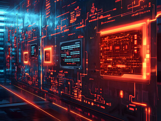 Obraz premium Futuristic data center with glowing circuitry and digital screens, showcasing advanced technology and cyber security systems.