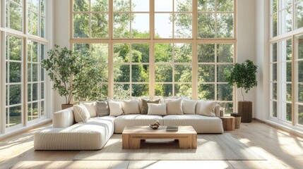 Spacious living room with large windows, comfortable sofa, and coffee table, open layout, bright and airy