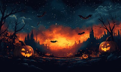 Vector Halloween illustration, evil glowing eyes of Jack O'Lanterns pumpkin , and eerie silhouettes around the edges, flat design.