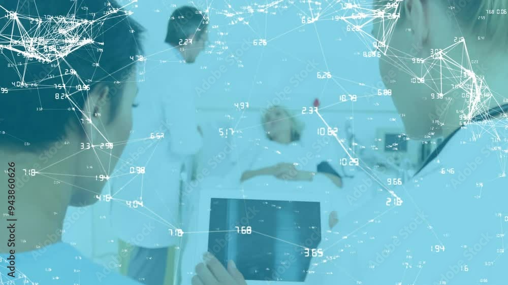 Poster using tablet, medical professionals processing data with network connections animation