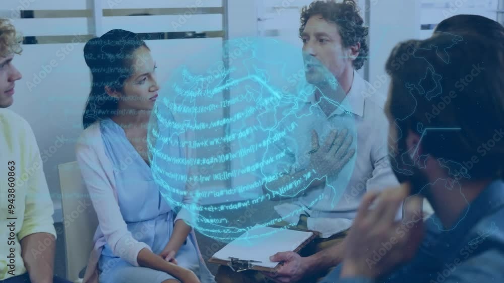 Aufkleber global network data animation over diverse business team in meeting