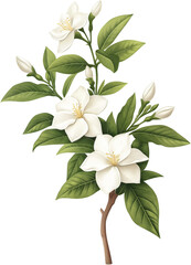 Fototapeta premium A delicate branch of white jasmine blossoms surrounded by vibrant green leaves isolated on transparent background.