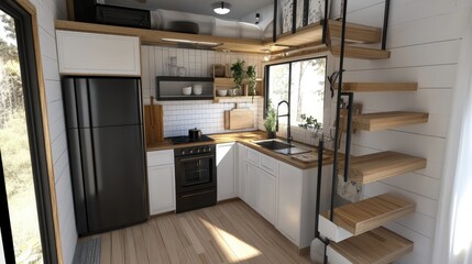 Tiny house kitchen with space-saving appliances, efficient layout, and modern decor, compact and functional space