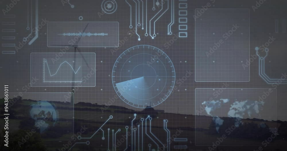 Poster wind turbines in rural landscape with digital interface and data processing animation