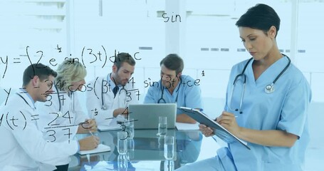 Medical professionals in meeting with mathematical equations animation over them - Powered by Adobe