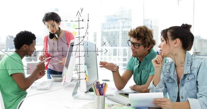 In school, diverse students collaborating with mathematical graph and equations animation