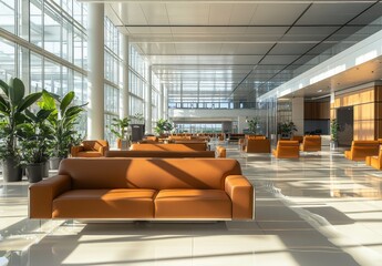 Modern Airport Lounge Interior with Tan Leather Sofas and Bright Windows